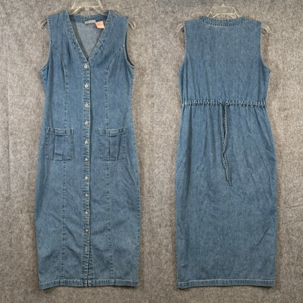 Vtg 90s Denim Vest Dress Maxi Midi Sz 10 Button Up Cowgirl Grunge V-Neck